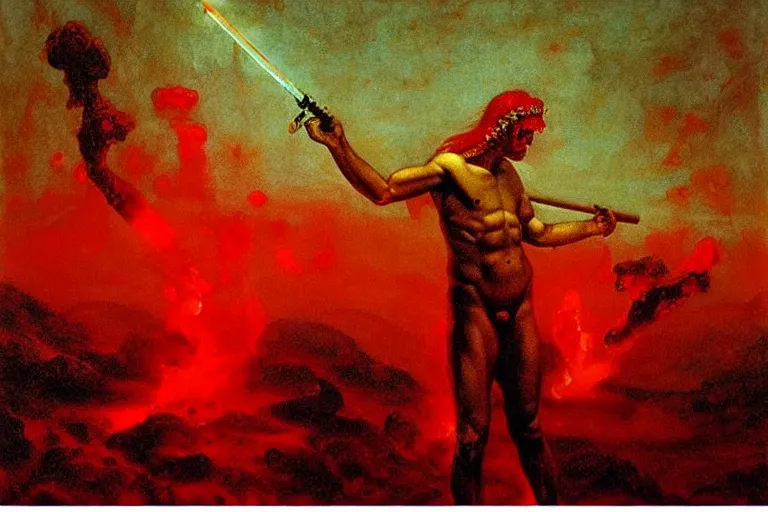 Image similar to only with red, a red melted apollo with a laurel wreath and a flaming sword announce the win, athens in the background, in the style of beksinski, part by hopper, part by rodcenko, part by hofbauer, intricate composition, red by caravaggio, insanely quality, highly detailed, masterpiece, red light, artstation