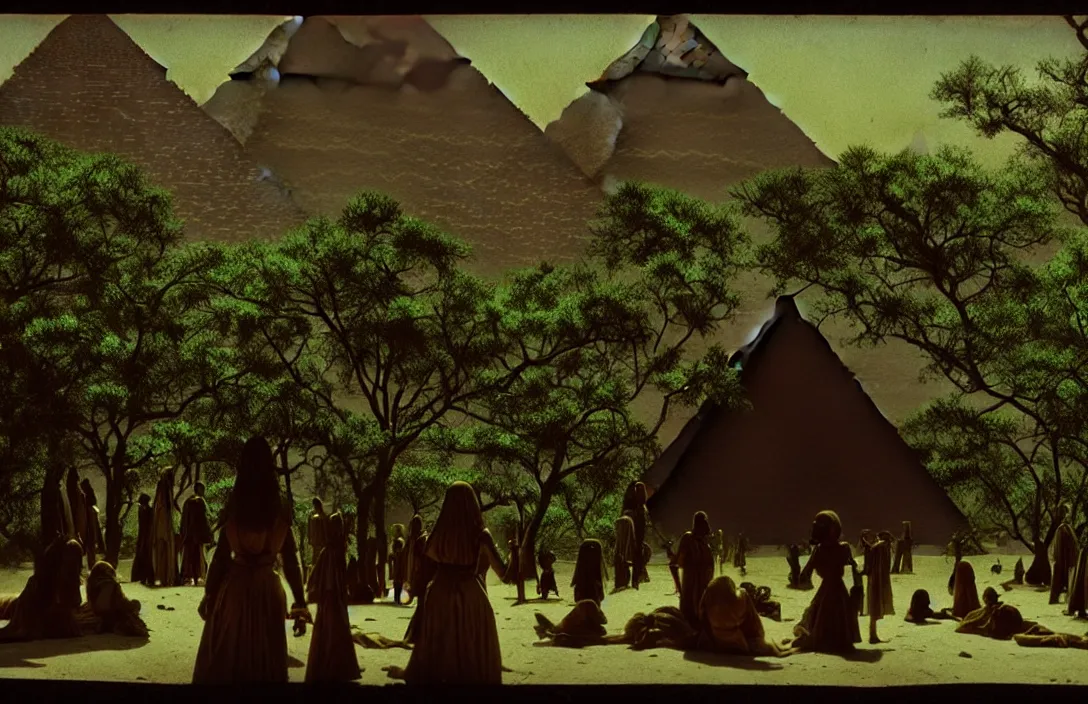 Image similar to result is a sophisticated interplay between warm, cool, light and dark colors. the pyramid of figures is drawn together intact flawless ambrotype from 4 k criterion collection remastered cinematography gory horror film, ominous lighting, evil theme wow photo realistic postprocessing divisionism emerging from lush greenery queen of heaven building by frank lloyd wright
