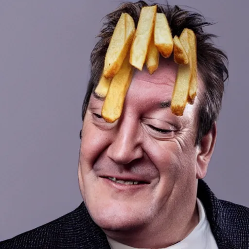 Image similar to photo of [ a single french fry chip ] shaped into stephen fry as a hybrid intercross mix