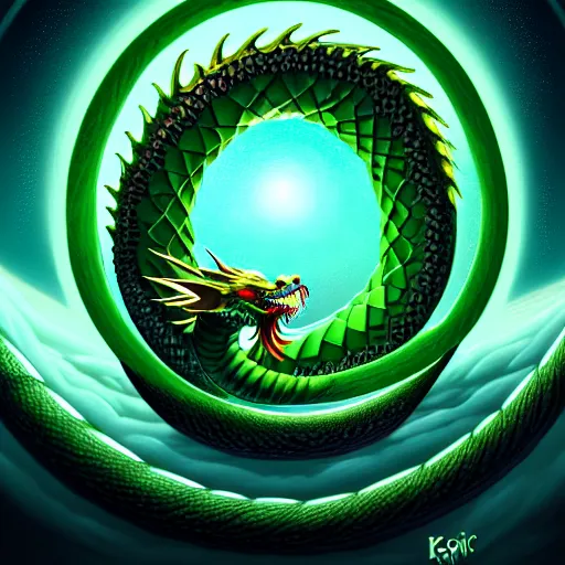 Image similar to illustration of the emerald dragon ouroboros god gaving birth to the universe, epic, masterpiece, digital art, matte painting, bold shapes, hard edges, trending on artstation, by kate irwin