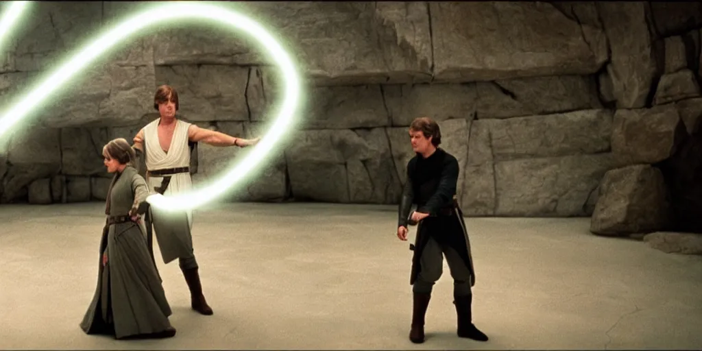 Image similar to Luke Skywalker teaches Leia the force at Jedi Temple scene from the last jedi, 2022, film by Stanley Kubrick, serene, iconic scene, stunning cinematography, hyper detailed, sharp, anamorphic lenses, kodak color film