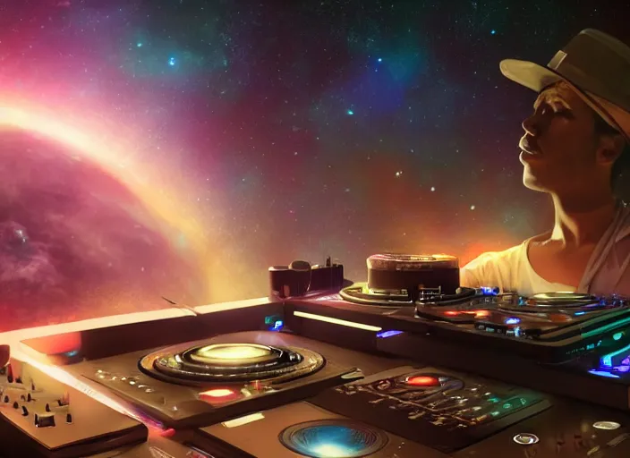 Prompt: Wide shot of a man djing under the galaxy, digital art, artstation, hyperrealistic, 4k, unreal engine, octane render, trending on artstation, art by Artgerm and Greg Rutkowski and Alphonse Mucha