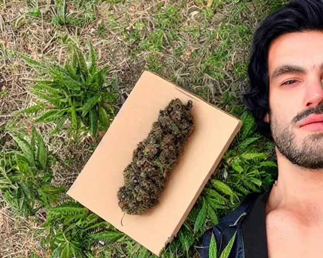 Prompt: mr robert smoke weed and meditate in the garden, he has dark black hair, young, detailed glad face, muscular chest, pregnant belly, golden hour closeup photo, red elegant shirt, eyes wide open, ymmm and that smell