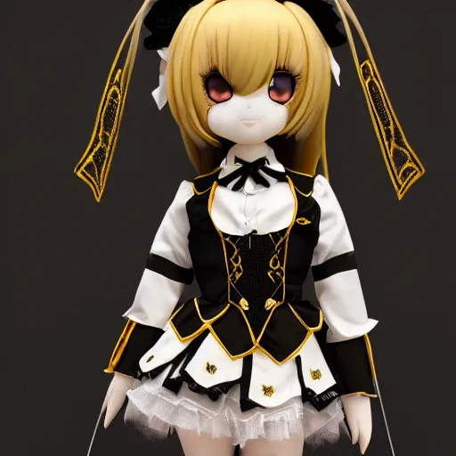 Prompt: cute fumo plush of a gothic maiden in a black and gold uniform, laces and ribbons, soft shadow, anime girl, vray, symmetry, white frame