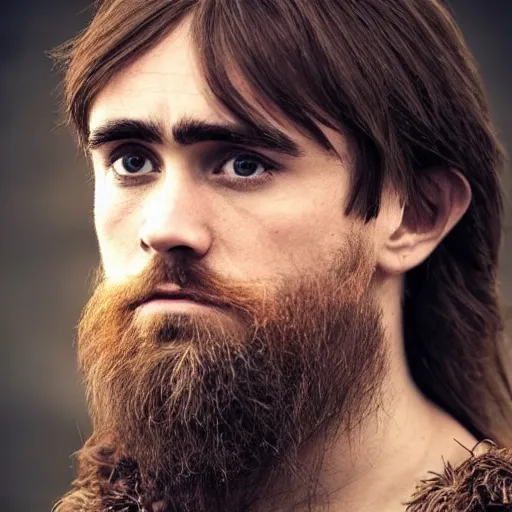 Prompt: hyperrealistic photograph of a brown-haired viking Daniel Radcliff, 8k, profile picture, cinematic, high contrast, epic real fantasy, stoic facial expression, looking at the camera