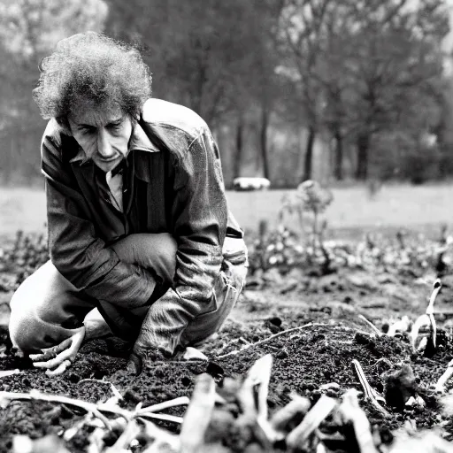 Image similar to bob dylan on his hands and knees picking through the soil looking for grubs, photograph