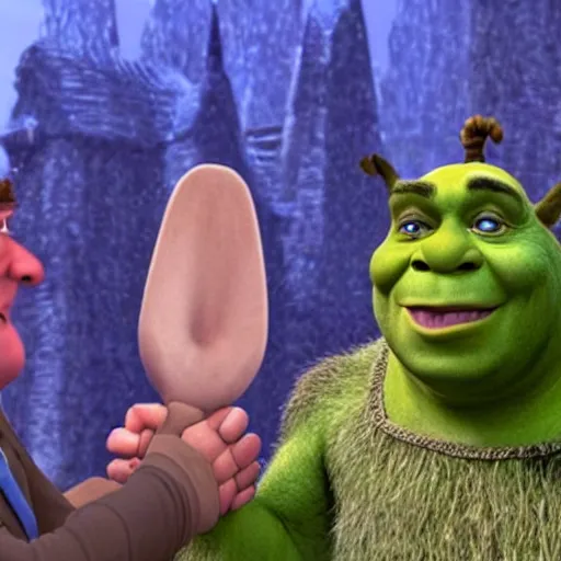 Image similar to movie frame screen shot, adolf hitler shaking hands with shrek, from shrek 2 ( 2 0 0 4 ), hd