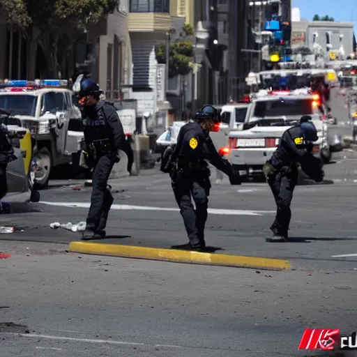 Prompt: firefight in san francisco streets, muzzle flashes, smoke, guns blazing, police vs the mafia