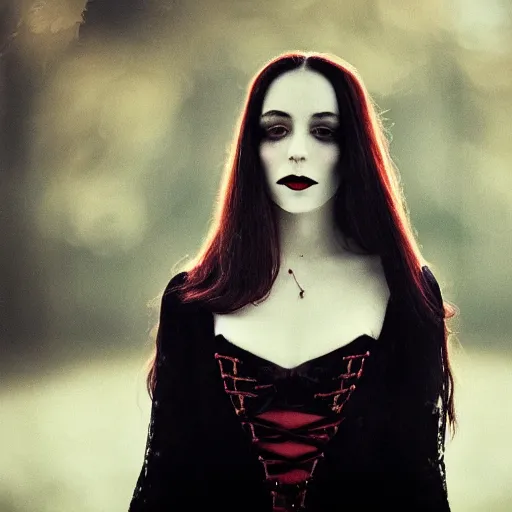 Prompt: A beautiful portrait of a lady vampire, victorian, '20, ominous, dracula, depth of field, bokeh, irwin penn, soft light, cinematic