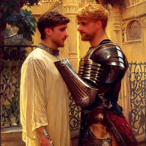 Image similar to attractive fully clothed arthur pendragon confesses his love for his attractive fully clothed male knight. highly detailed painting by gaston bussiere and j. c. leyendecker 8 k