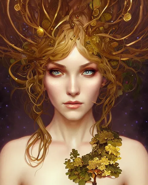 Prompt: dryad, perfect face, gold waistcoat, cinematic, stunning, highly detailed, digital painting, artstation, smooth, hard focus, illustration, art by artgerm and greg rutkowski and alphonse mucha