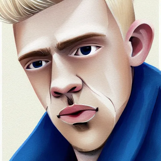 Image similar to thin blond man with blond hair long on top short down the sides, blond beard, small chin, thin nose, thin lips, english heritage, small blue eyes, small ears, pale skin, narrow face, digital art, painterly, cartoon, cute, 8k, illustration, art by loish, painterly, trending on artstation, medium shot, uncropped