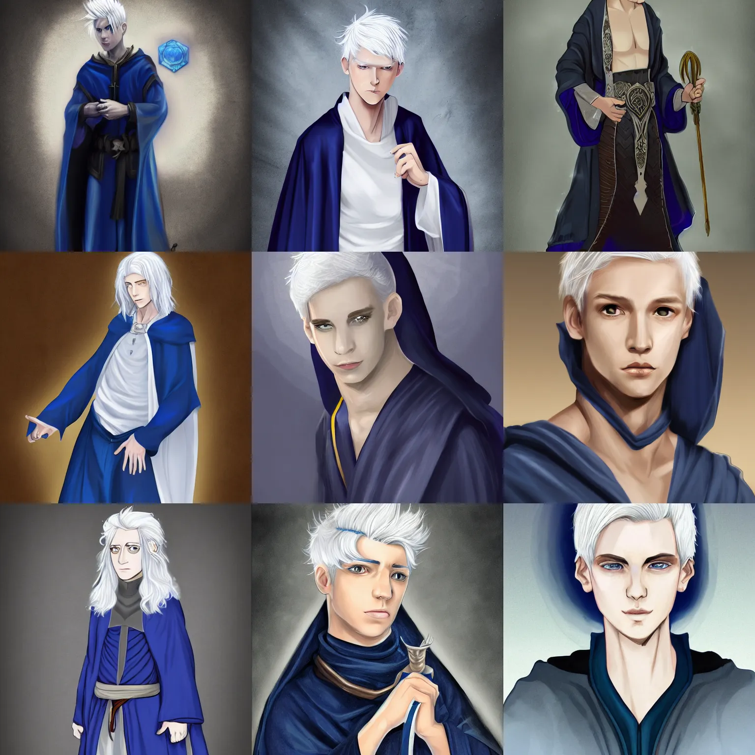 Prompt: A young adult white boy with platinum white hair, wearing a dark blue sorcerer robe with an own perched on his shoulder, D&D, medieval, full body portrait, deviantart contest winner, digital illustration, concept art