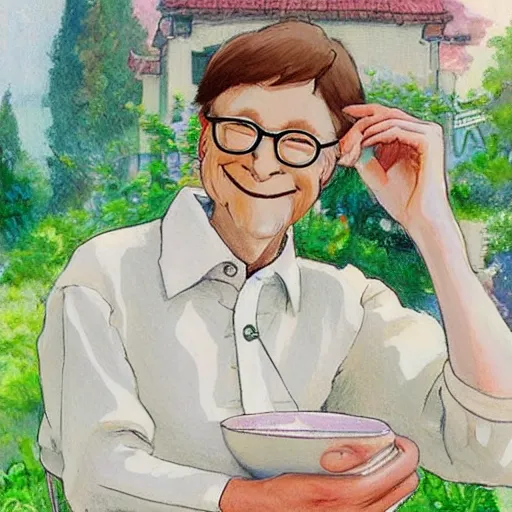 Prompt: drawing of Bill Gates crossdressing in linen dress while drinking tea, in the style of studio ghibli and Konstantin Razumov, fine details, high quality