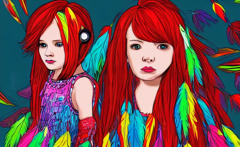 Image similar to little girl with eccentric red hair wearing a dress made of colorful feathers, cartoon art style, cyberpunk