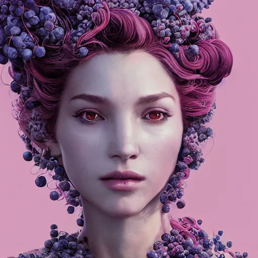 Image similar to the face of an absurdly beautiful, graceful, elegant, sophisticated woman made of blueberries and blackberries, an ultrafine hyperdetailed illustration by kim jung gi, irakli nadar, intricate linework, bright colors, octopath traveler, final fantasy, unreal engine 5 highly rendered, global illumination, radiant light, detailed and intricate environment