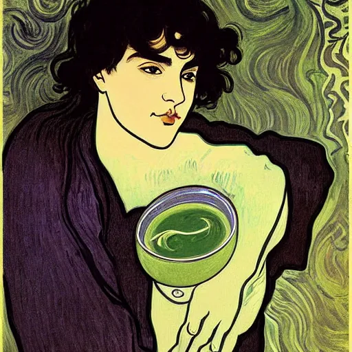 Prompt: painting of young cute handsome beautiful dark short wavy hair man in his 2 0 s named shadow taehyung at the cucumber matcha soup party, somber, depressed, melancholy, sad, elegant, clear, painting, stylized, delicate, soft facial features, delicate facial features, soft art, art by alphonse mucha, vincent van gogh, egon schiele