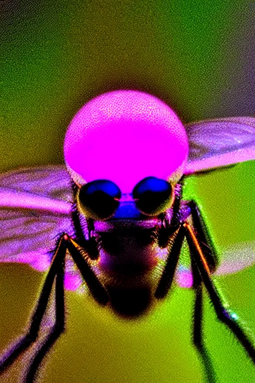 Prompt: high quality macro photo holographic neo-surreal fly! jeweled gorgeous! highly detailed digital art david ligare elson peter cinematic pink neon lighting high quality low angle hd 8k sharp shallow depth of field