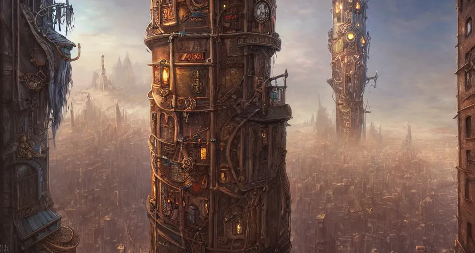 Image similar to landscape painting of fantasy metal steampunk city with walkways and lit windows and a hooded thief in browns leathers climbing one of the tall buildings using a rope, fine details, magali villeneuve, artgerm, rutkowski