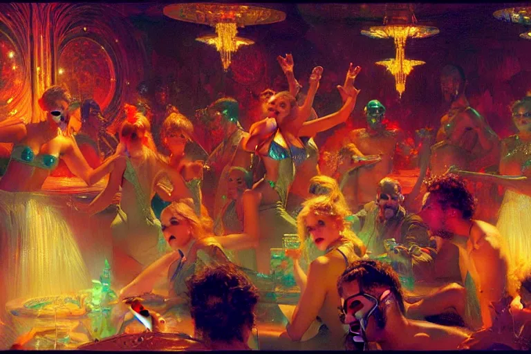 Image similar to futuristic disco party, summer, neon light, painting by gaston bussiere, craig mullins, j. c. leyendecker