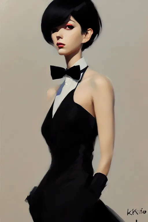 Image similar to a ultradetailed beautiful portrait panting of a stylish woman wearing a black tuxedo, oil painting, by ilya kuvshinov, greg rutkowski and makoto shinkai, trending on artstation