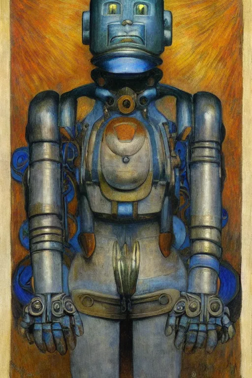 Prompt: the robot in his regalia, by Annie Swynnerton and Diego Rivera and Elihu Vedder, symbolist, dramatic lighting, elaborate geometric ornament, Art Brut, soft cool colors,smooth, sharp focus, extremely detailed, Adolf Wölfli