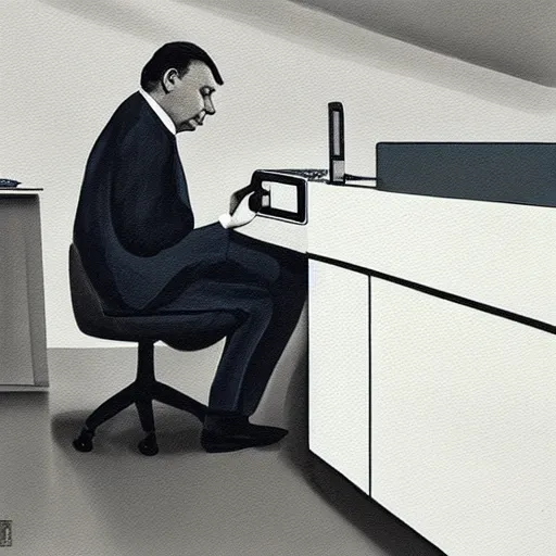 Image similar to viktor orban programming a computer in a cubicle, oil painting