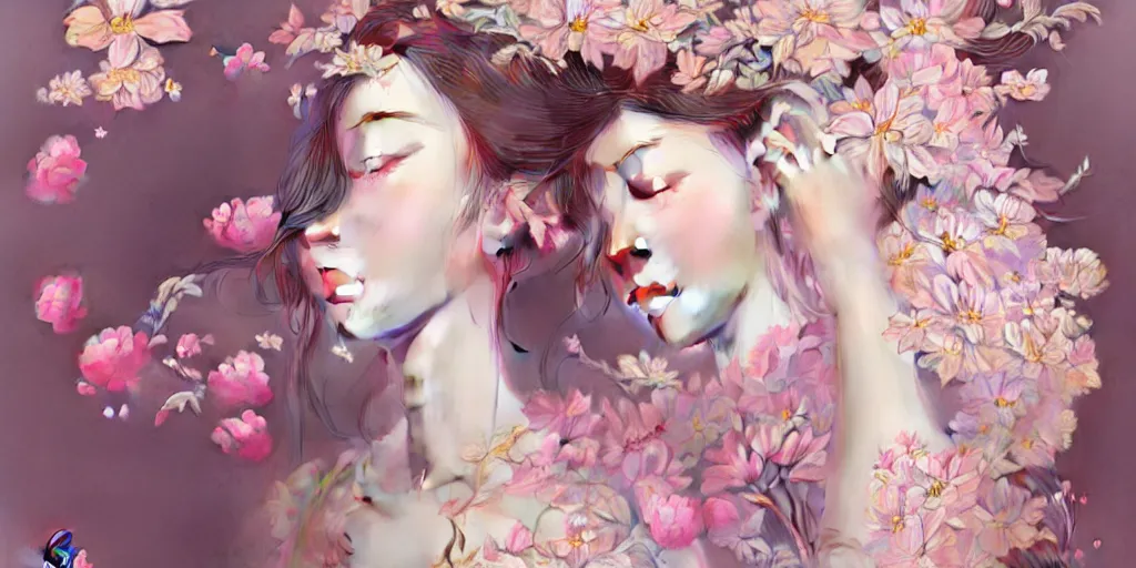 Prompt: breathtaking delicate detailed concept art illustration with flowers and girls, by hsiao - ron cheng, bizarre compositions, exquisite detail, pastel colors, ornate background, 8 k