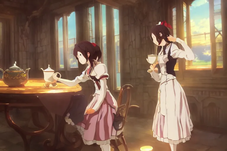 Image similar to anime key visual concept art of anime maid pouring tea gracefully, medieval european style noble manor interior, trending on artstation, brush strokes, oil on canvas, style of kawacy and makoto shinkai and greg rutkowski and studio ghibli