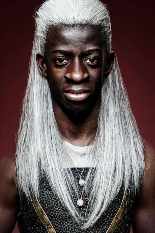 Image similar to Ousmane Dembélé from Barcelona as Geralt of Rivia fromThe Witcher, white hair