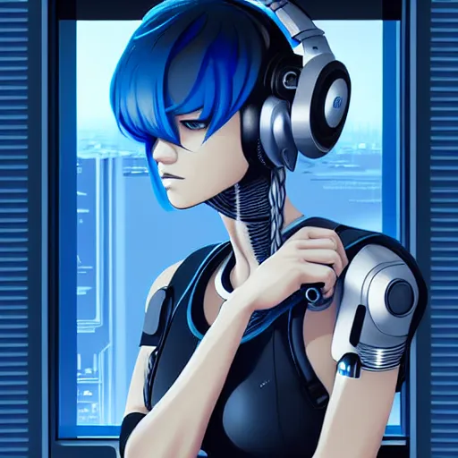 Image similar to cyborg - girl with silver hair, wearing headphones, and sitting on a window sill, highly detailed, painting, dark blue and black color palette, intricate, high quality anime artstyle, in the style of artgerm