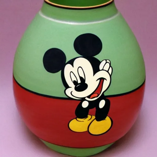 Prompt: vase work, vase art of Mickey Mouse in art style of chinese art, fragmented clay firing chinese vase with an Mickey Mouse in the style of ancient chinese art, ancient chinese art!!!!! chinese art