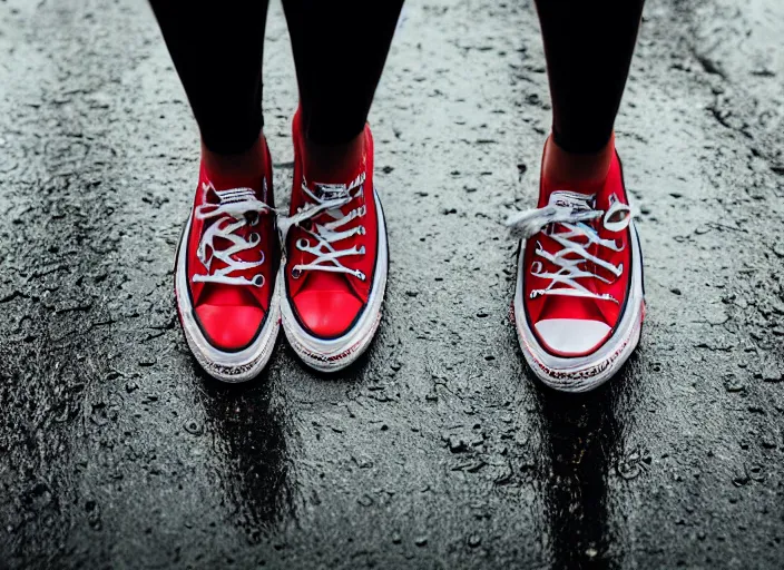 Prompt: legs of a woman sitting on the ground on a curb, knees up, very short pants, wearing red converse shoes, wet aslphalt road after rain, blurry background, sigma 8 5 mm