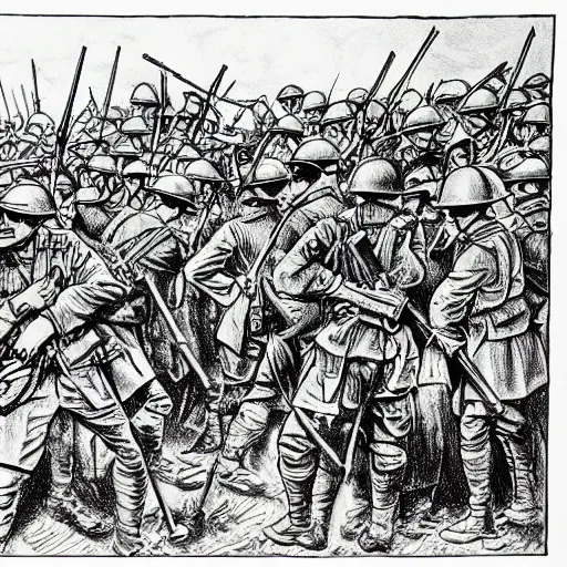 Image similar to first world war drawing, where is waldo style, high detailed print