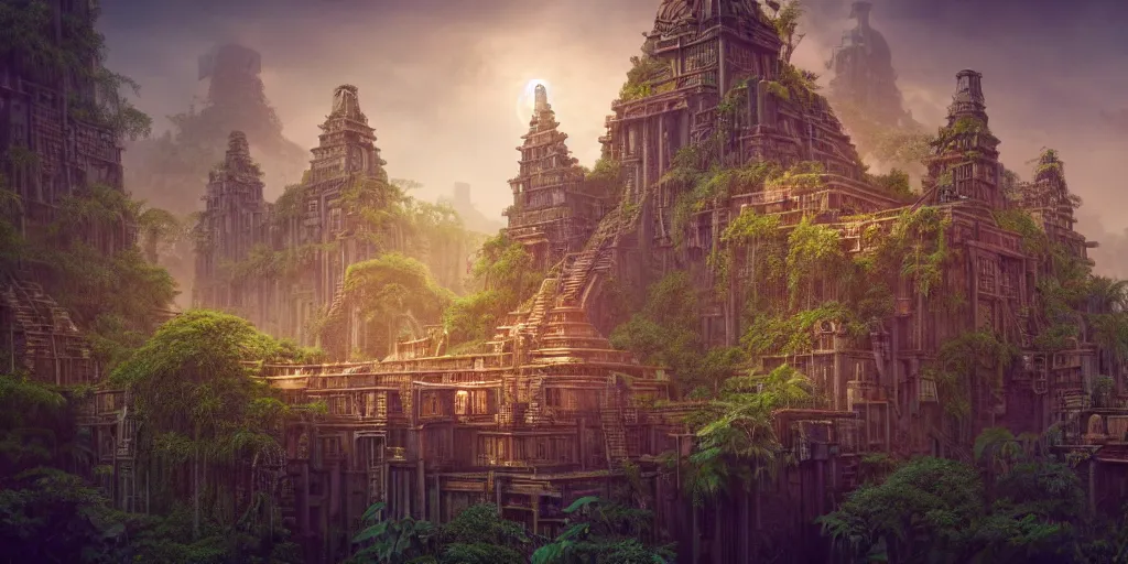 Image similar to aztec steampunk jungle temple, by tim blandin and arthur haas and bruce pennington and john schoenherr, big windows architecture by zaha hadid, octane render, warm colour scheme, white, cinematic, scenery, cgsociety, modernism, futuristic, trending on artstation, sci - fi, high detail, high quality, close up angle