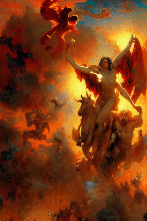 Image similar to War between heaven and hell, painting by Gaston Bussiere, Craig Mullins