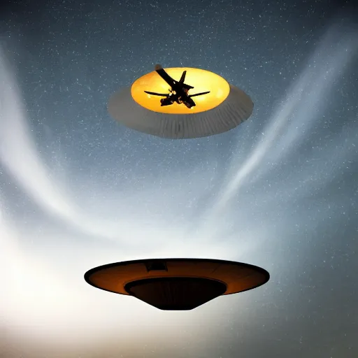 Image similar to a giant ufo flying towards a farmhouse, photography, 8 k, studio lighting,