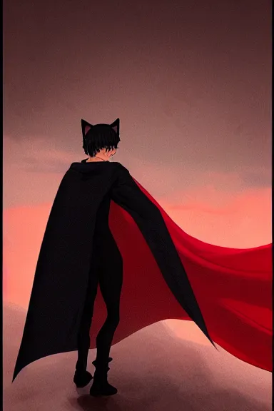 Image similar to little boy with cat ears in an black outfit with red cape. digital artwork made by lois van baarle and kentaro miura and marc simonetti, sharpness focus, inspired by hirohiko araki, anatomically correct, heroic composition, hero pose, smooth, concept art