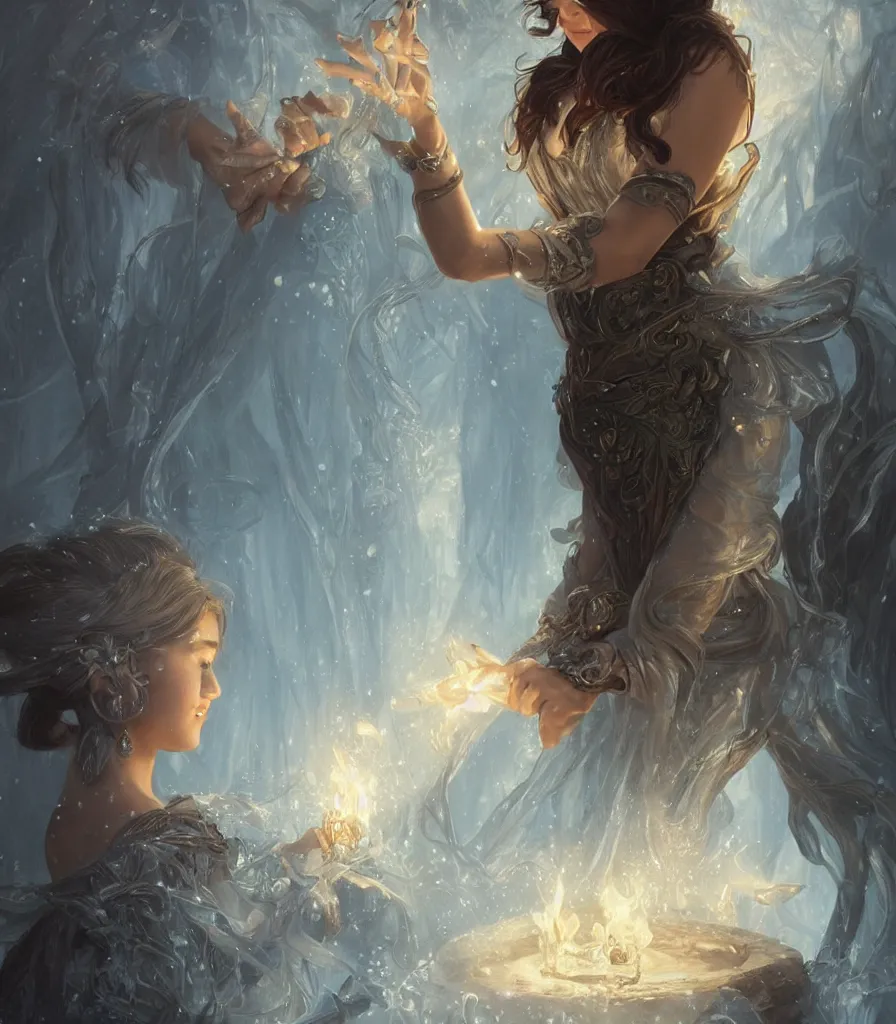 Image similar to Selena Gomez casting an frost spell, D&D, fantasy, intricate, elegant, highly detailed, digital painting, artstation, concept art, matte, sharp focus, illustration, hearthstone, art by Artgerm and Greg Rutkowski and Alphonse Mucha