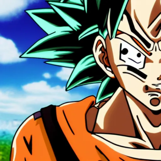Image similar to fish eye lens close up photograph of a dragon ball character eyeing the camera with a sympathetic look