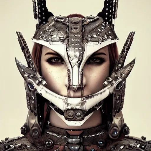 Image similar to a mechanized version of a norse woman, facial piercings, very symmetrical, furry warrior's bone clothing, highly detailed, by vitaly bulgarov, joss nizzi, ben procter, steve jung, concept art, concept art world, pinterest, artstation, unreal engine