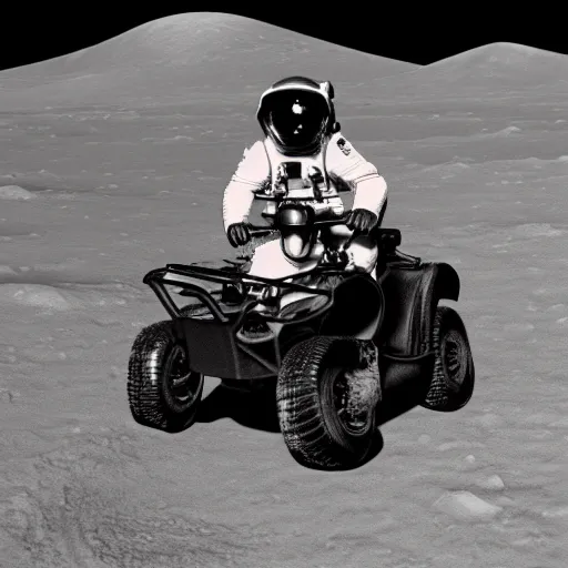 Prompt: photo of monkey in tuxedo riding an atv on the moon