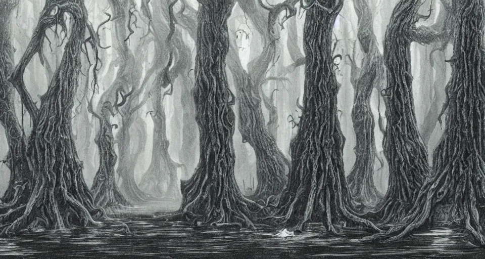 Image similar to A dense and dark enchanted forest with a swamp, by H.P. Lovecraft