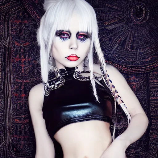 Image similar to kerli koiv model goth girl in mini skirt and crop top intricate, extremely detailed, photograph, photorealistic, 8 k sensual lighting, incredible art, l