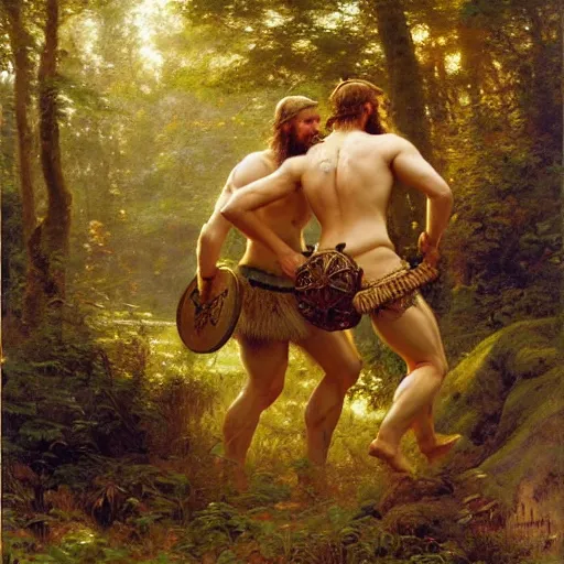 Image similar to 2 attractive male vikings frolicking in the forest. highly detailed painting by gaston bussiere, craig mullins, j. c. leyendecker, 8 k