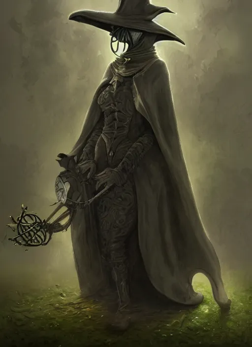 Image similar to a highly detailed illustration of plague doctor mask wearing woman, eerily floating with cape in the wind pose, surrounded by green mist, intricate, elegant, highly detailed, centered, digital painting, artstation, concept art, smooth, sharp focus, league of legends concept art, WLOP