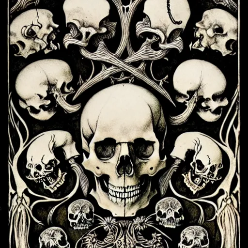 Image similar to memento mori by arthur rackham, detailed, art nouveau, gothic, ornately carved beautiful skull dominant, intricately carved antique bone, skulls, botanicals, art forms of nature by ernst haeckel, horizontal symmetry