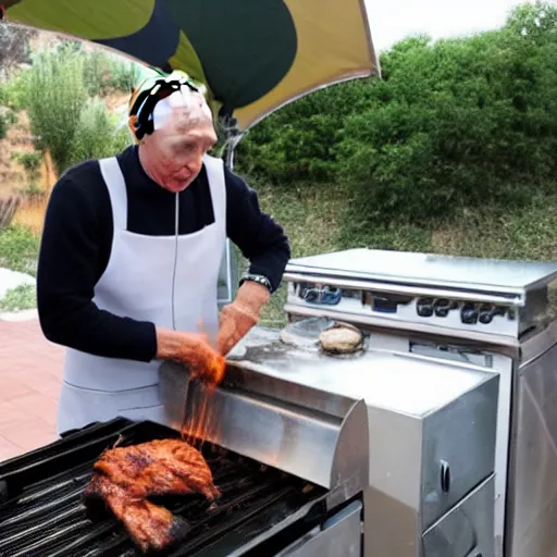 Image similar to Vladimir Putin being cooked on a rotisserie in Spain