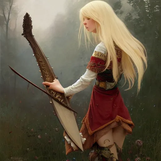 Image similar to elf fairy with a lute wearing a cardigan, blonde, highly detailed, intricate, digital painting, artstation, sharp focus, illustration, art by jakub rozalski, greg rutkowski, artgerm, tan zi and ayanamikodon and alphonse mucha and wlop