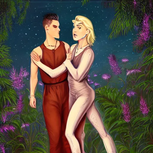 Image similar to modest short - haired tattooed heroic stoic handsome muscular blonde butch tomboy woman engineer in jumpsuit standing beside taller dark fae feathered modest gothic jennifer connelly in long dress, standing together in a beautiful lush garden at night, in love, highly detailed, trending on art station, illustration, oil painting, comic book